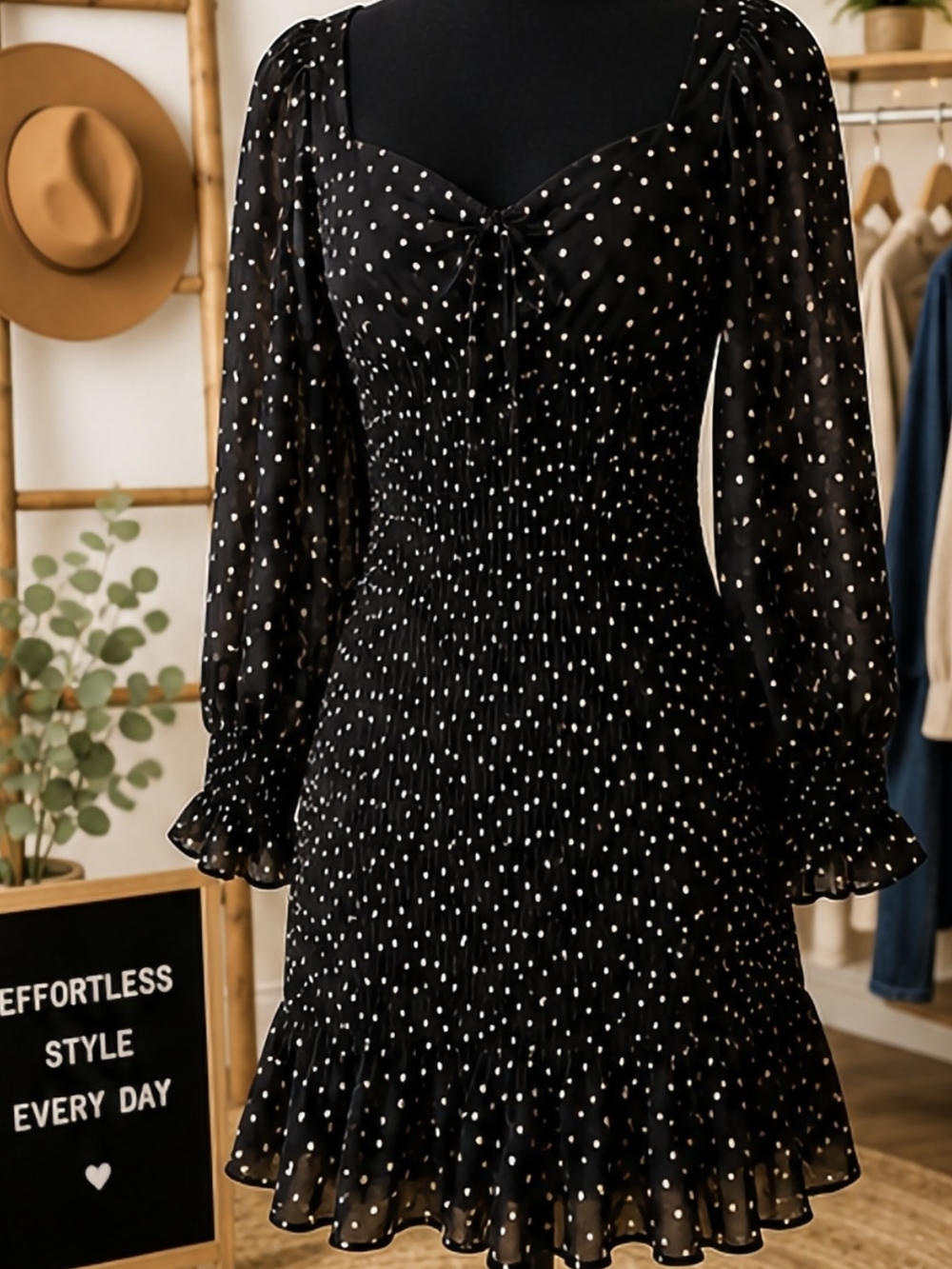 Forever 21 Black Dress with White Polka Dots, Long Sleeve